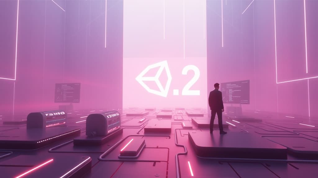 Professional technical illustration of unity 6.2: real-time ray tracing advances modern developer aesthetic clean minimal des